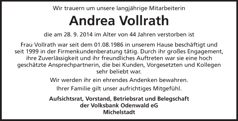  Traueranzeige für Andrea Vollrath vom 04.10.2014 aus Echo-Zeitungen (Gesamtausgabe)