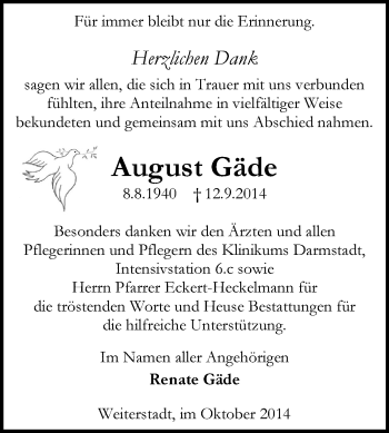Traueranzeige von August Gäde von Echo-Zeitungen (Gesamtausgabe)