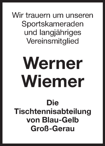 Traueranzeige von Werner Wiemer von Rüsselsheimer Echo, Groß-Gerauer-Echo, Ried Echo