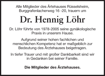 Traueranzeige von Hennig Löhr von Rüsselsheimer Echo, Groß-Gerauer-Echo, Ried Echo