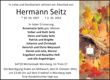 Traueranzeige von Hermann Seitz von Odenwälder Echo