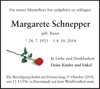 Traueranzeige von Margarete Schnepper von Echo-Zeitungen (Gesamtausgabe)