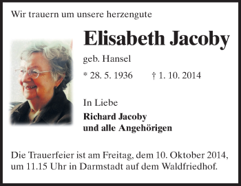 Traueranzeige von Elisabeth Jacoby von Echo-Zeitungen (Gesamtausgabe)