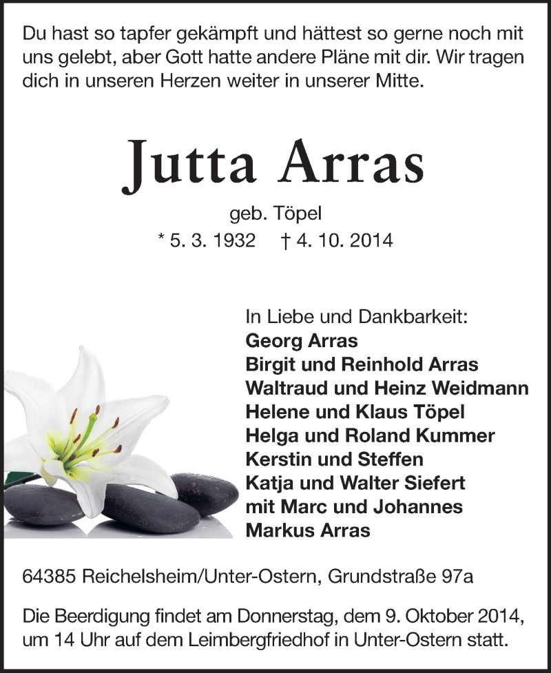  Traueranzeige für Jutta Arras vom 07.10.2014 aus Odenwälder Echo