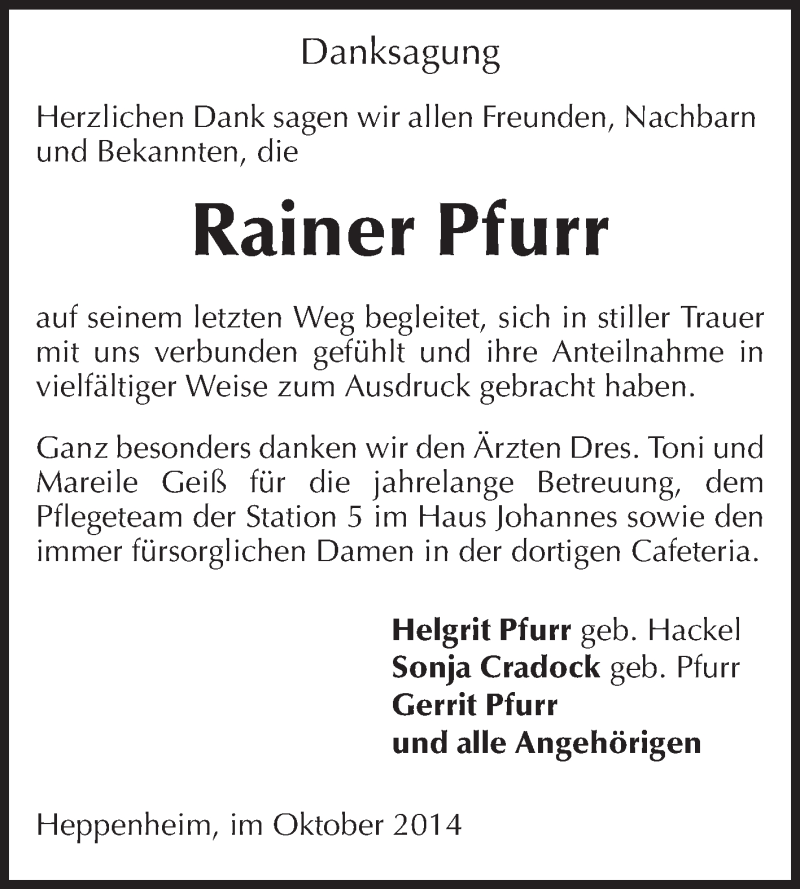  Traueranzeige für Rainer Pfurr vom 11.10.2014 aus Starkenburger Echo