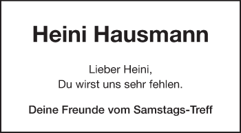 Traueranzeige von Heini Hausmann von Echo-Zeitungen (Gesamtausgabe)