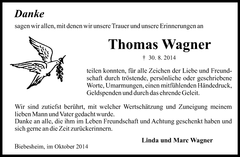  Traueranzeige für Thomas Wagner vom 08.10.2014 aus Rüsselsheimer Echo, Groß-Gerauer-Echo, Ried Echo
