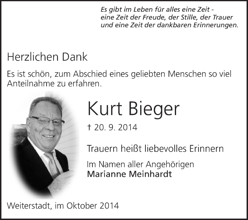  Traueranzeige für Kurt Bieger vom 11.10.2014 aus Echo-Zeitungen (Gesamtausgabe)