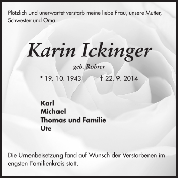 Traueranzeige von Karin Ickinger von Echo-Zeitungen (Gesamtausgabe)