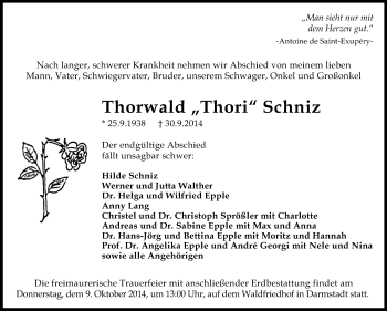 Traueranzeige von Thorwald Schniz von Echo-Zeitungen (Gesamtausgabe)