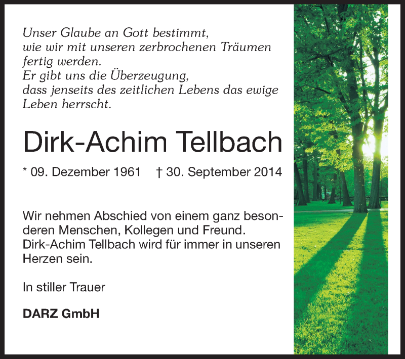  Traueranzeige für Dirk-Achim Tellbach vom 11.10.2014 aus Echo-Zeitungen (Gesamtausgabe)