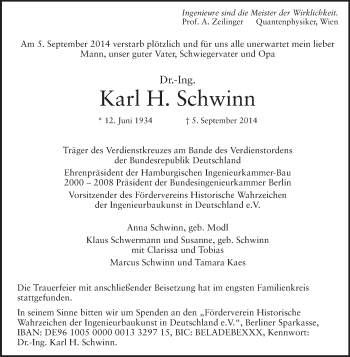 Traueranzeige von Karl H. Schwinn  von Odenwälder Echo