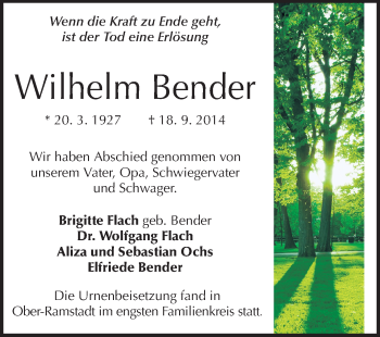 Traueranzeige von Wilhelm Bender von Echo-Zeitungen (Gesamtausgabe)