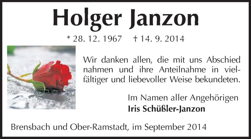  Traueranzeige für Holger Janzon vom 11.10.2014 aus Echo-Zeitungen (Gesamtausgabe)
