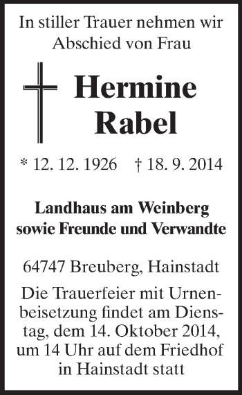 Traueranzeige von Hermine Rabel von Odenwälder Echo
