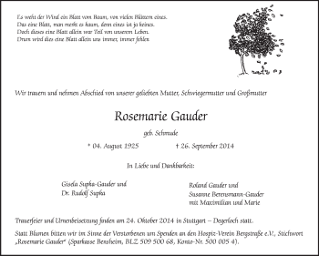 Traueranzeige von Rosemarie Gauder von Starkenburger Echo