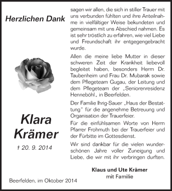 Traueranzeige von Klara Krämer von Odenwälder Echo