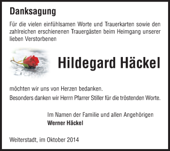 Traueranzeige von Hildegard Häckel von Echo-Zeitungen (Gesamtausgabe)