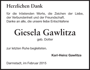 Traueranzeige von Giesela Gawlitza von Echo-Zeitungen (Gesamtausgabe)