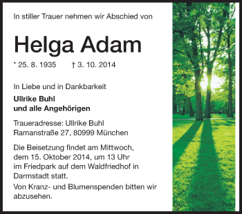 Traueranzeige von Helga Adam von Echo-Zeitungen (Gesamtausgabe)