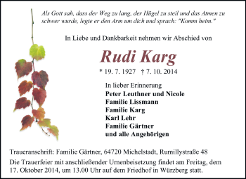 Traueranzeige von Rudi Karg von Odenwälder Echo
