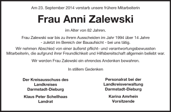 Traueranzeige von Anni Zalewski von Echo-Zeitungen (Gesamtausgabe)