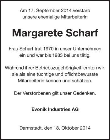 Traueranzeige von Margarete Scharf von Echo-Zeitungen (Gesamtausgabe)