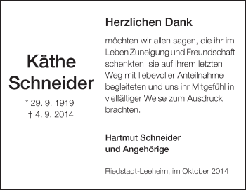 Traueranzeige von Käthe Schneider von Rüsselsheimer Echo, Groß-Gerauer-Echo, Ried Echo
