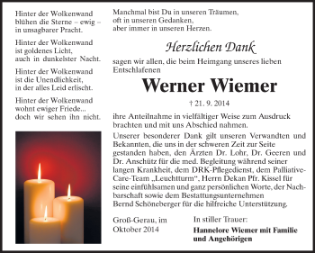 Traueranzeige von Werner Wiemer von Rüsselsheimer Echo, Groß-Gerauer-Echo, Ried Echo