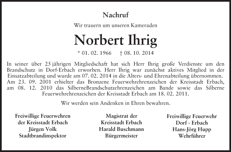  Traueranzeige für Norbert Ihrig vom 11.10.2014 aus Odenwälder Echo