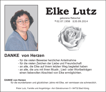 Traueranzeige von Elke Lutz von Odenwälder Echo