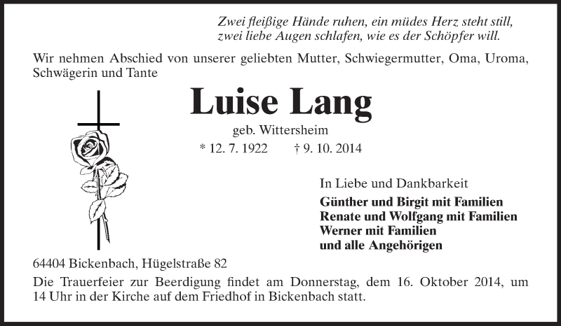  Traueranzeige für Luise Lang vom 13.10.2014 aus Echo-Zeitungen (Gesamtausgabe)