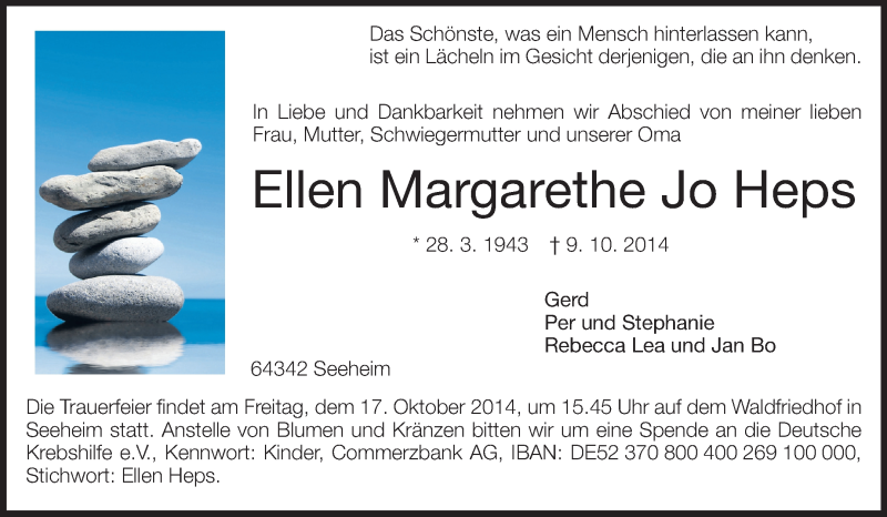  Traueranzeige für Ellen Margarethe Jo Heps vom 13.10.2014 aus Echo-Zeitungen (Gesamtausgabe)