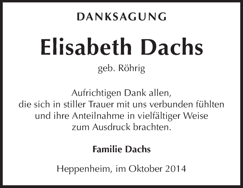  Traueranzeige für Elisabeth Dachs vom 16.10.2014 aus Starkenburger Echo