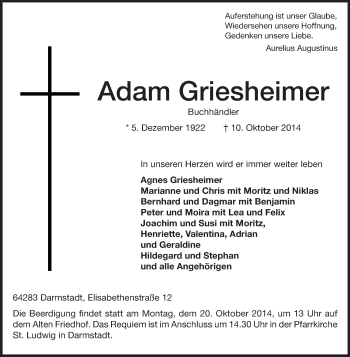 Traueranzeige von Adam Griesheimer von Echo-Zeitungen (Gesamtausgabe)