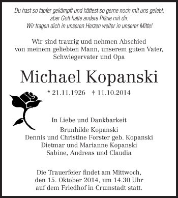 Traueranzeige von Michael Kopanski von Echo-Zeitungen (Gesamtausgabe)
