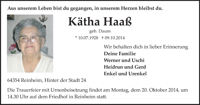  Traueranzeige für Kätha Haaß vom 16.10.2014 aus Darmstädter Echo, Odenwälder Echo, Rüsselsheimer Echo, Groß-Gerauer-Echo, Ried Echo