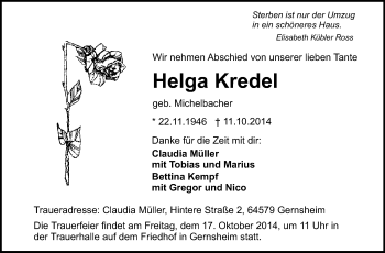 Traueranzeige von Helga Kredel von Echo-Zeitungen (Gesamtausgabe)