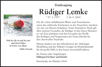 Traueranzeige von Rüdiger Lemke von Echo-Zeitungen (Gesamtausgabe)