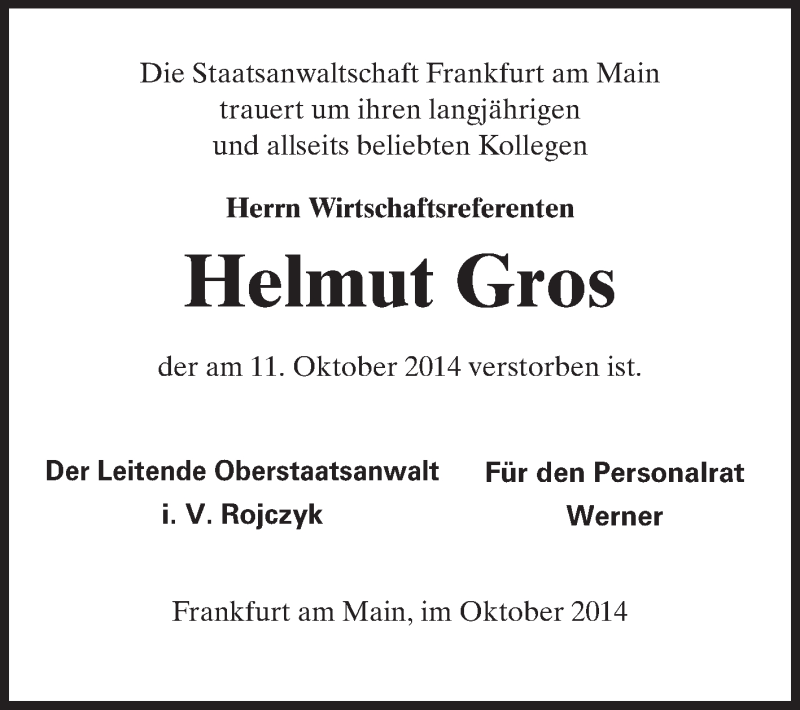  Traueranzeige für Helmuth Gros vom 18.10.2014 aus Echo-Zeitungen (Gesamtausgabe)