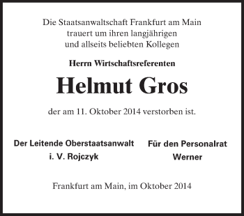 Traueranzeige von Helmuth Gros von Echo-Zeitungen (Gesamtausgabe)