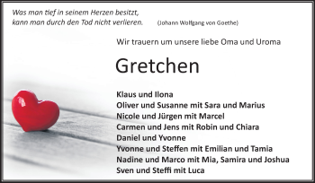 Traueranzeige von Gretchen Weyrauch von Odenwälder Echo