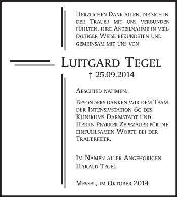 Traueranzeige von Luitgard Tegel von Echo-Zeitungen (Gesamtausgabe)