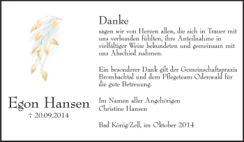 Traueranzeige von Egon Hansen von Odenwälder Echo