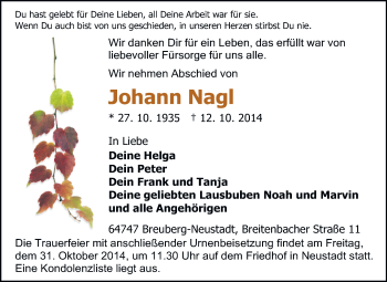 Traueranzeige von Johann Nagl von Odenwälder Echo