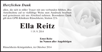 Traueranzeige von Ella Reitz von Rüsselsheimer Echo, Groß-Gerauer-Echo, Ried Echo