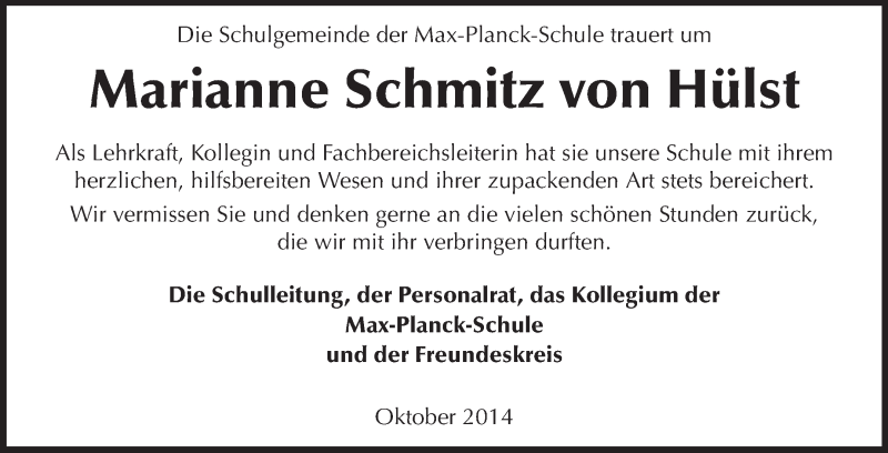  Traueranzeige für Marianne Schmitz von Hülst vom 18.10.2014 aus Rüsselsheimer Echo, Groß-Gerauer-Echo, Ried Echo