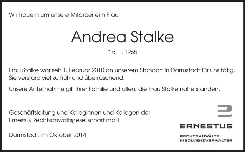  Traueranzeige für Andrea Stalke vom 17.10.2014 aus Echo-Zeitungen (Gesamtausgabe)