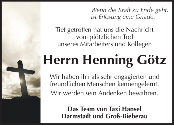 Traueranzeige von Franz Henning Götz von Echo-Zeitungen (Gesamtausgabe)