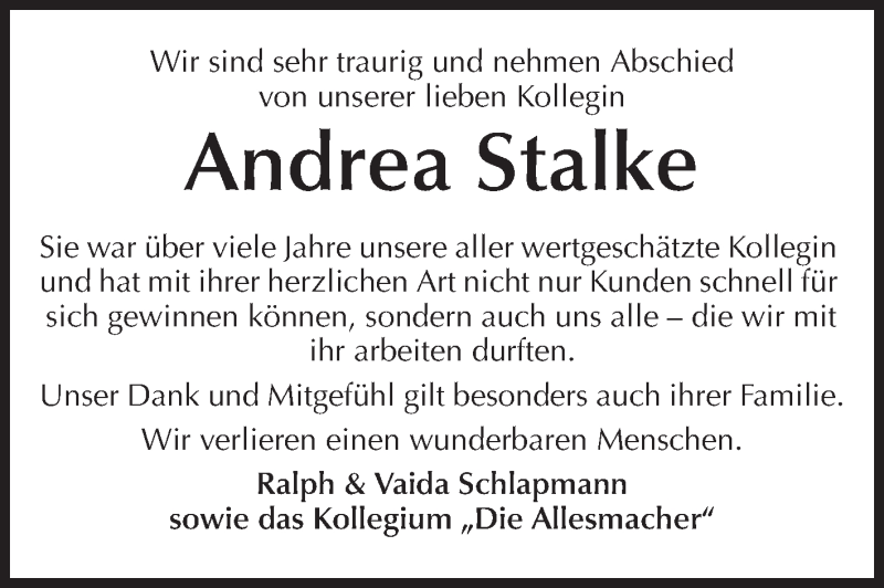  Traueranzeige für Andrea Stalke vom 18.10.2014 aus Echo-Zeitungen (Gesamtausgabe)